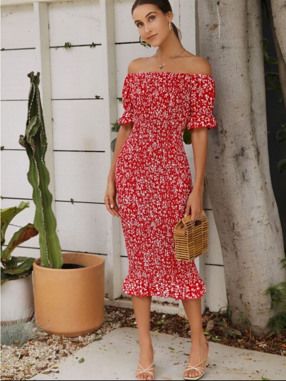 Off-Shoulder Red Floral Midi Dress